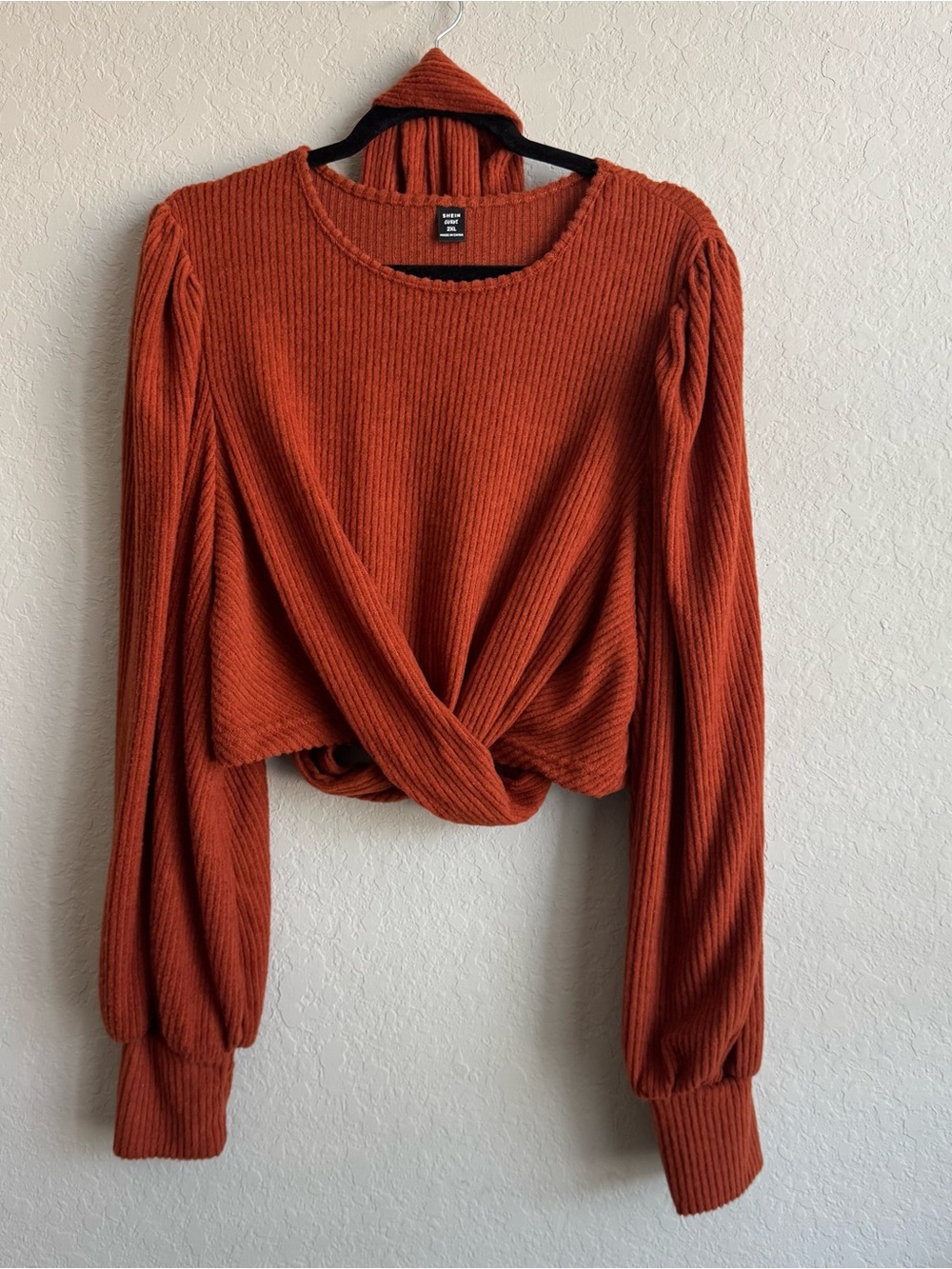 SHEIN Curve Rust Orange Ribbed Twist Front Crop Top Tie Back Balloon Sleeve 2XL